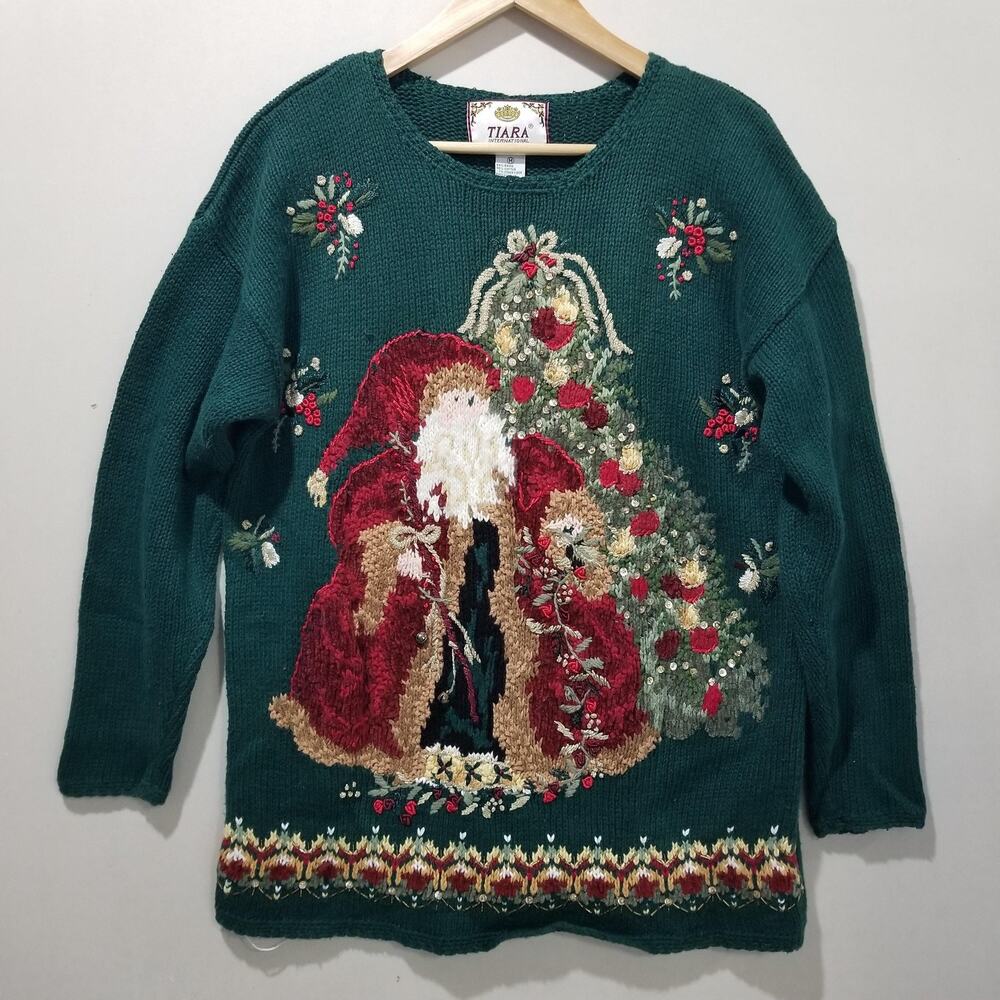Vintage Tiara International Sweater Womens Medium Green Santa Christmas Tree 90s